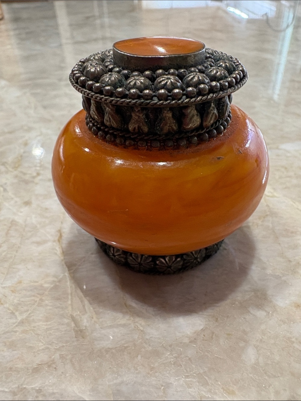 Moroccan Orange Decorative Trinket Box Accent Jar with Ornate Silver-Tone Trim